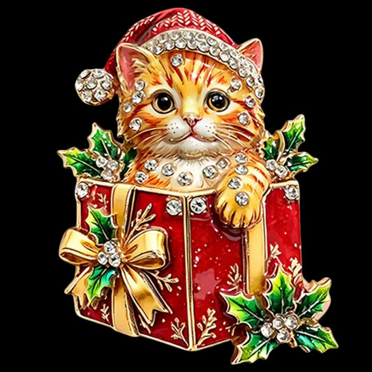 Weihnachtsbrosche Katze im Geschenk – schwarzer Hintergrund