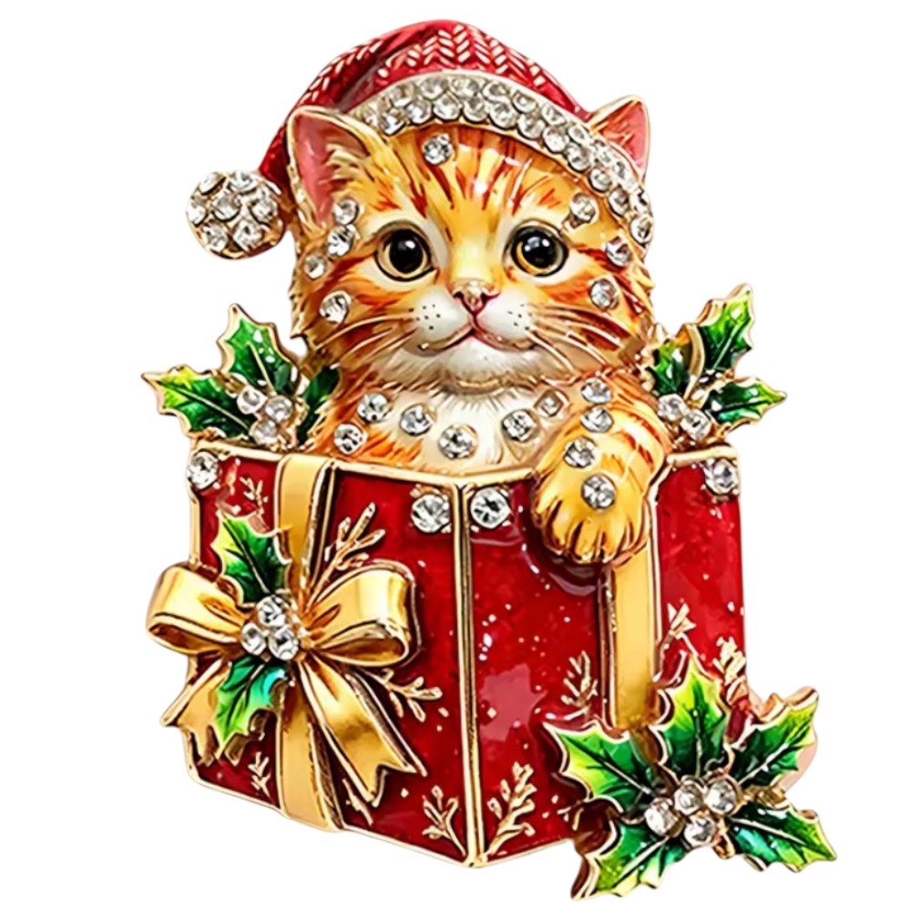 Weihnachtsbrosche Katze im Geschenk – weißer Hintergrund