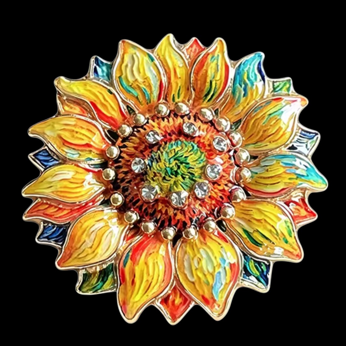 Sonnenblumen Brosche bunte Emaille Strass schwarzer Hintergrund Frontansicht