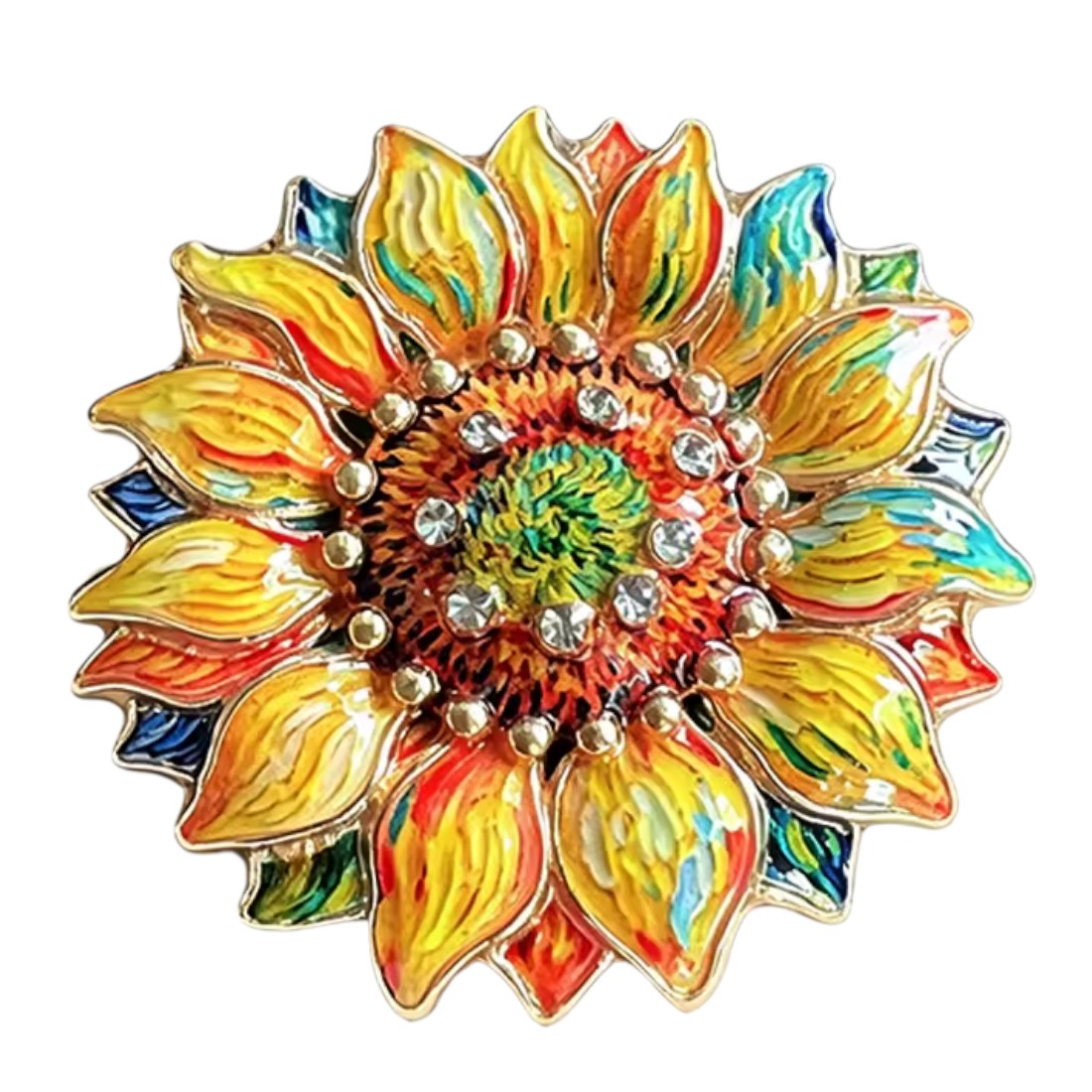 Sonnenblumen Brosche bunte Emaille Strass weißer Hintergrund Frontansicht