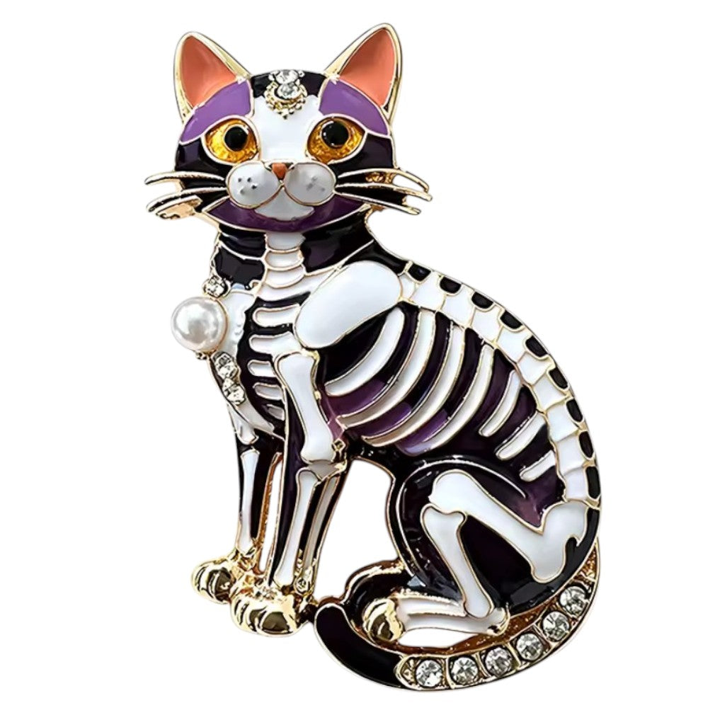 Gothic Skelett-Katze Brosche – weißer Hintergrund