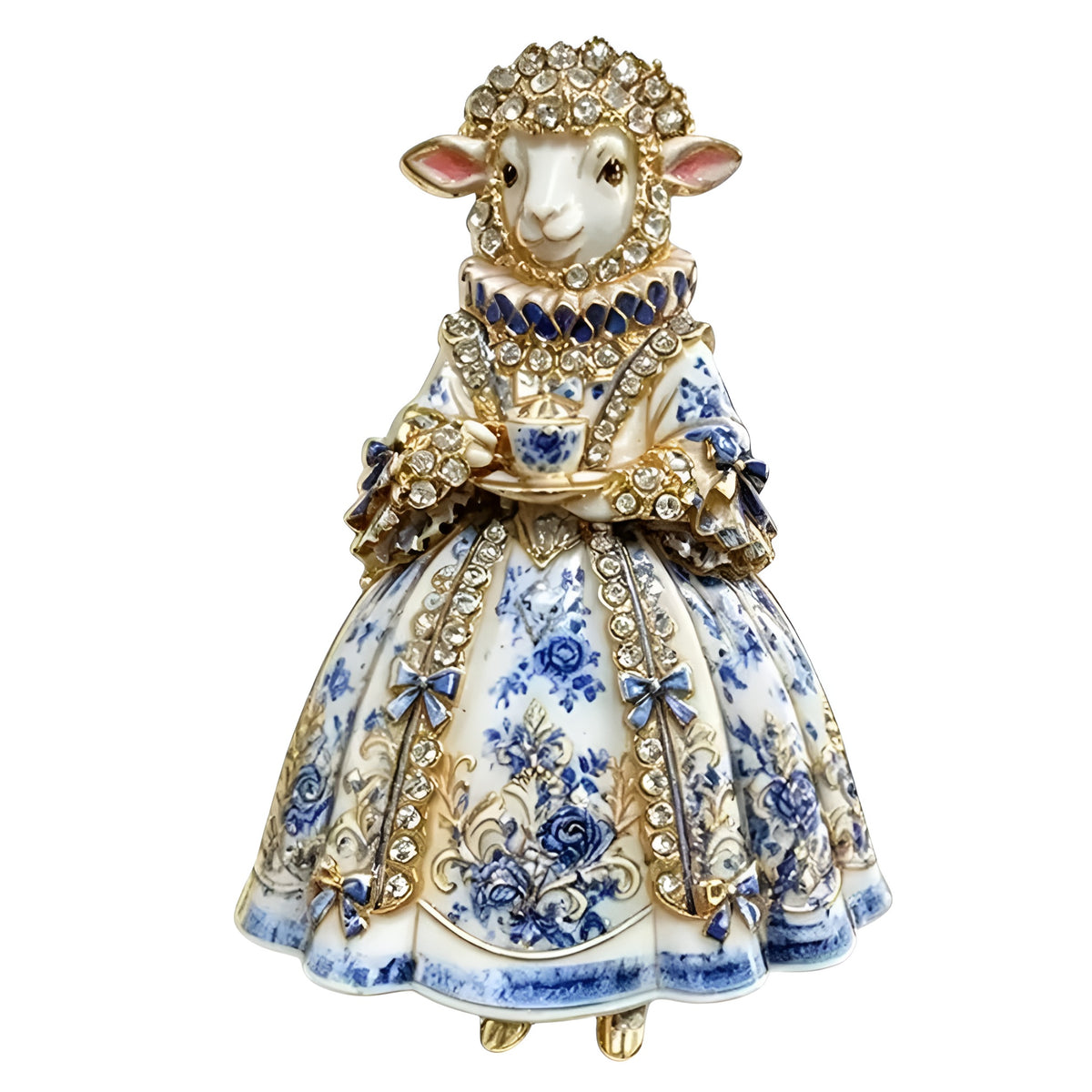 Schäfchen-Brosche mit Teetasse im Vintage- und Porzellan-Stil
