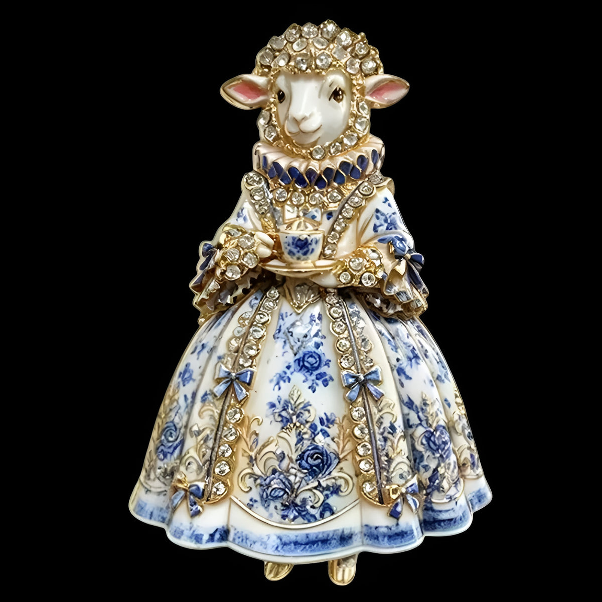 Schäfchen-Brosche mit Teetasse im Vintage- und Porzellan-Stil