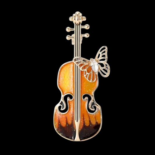 Vintage Brosche Geige mit Schmetterling braun-orange