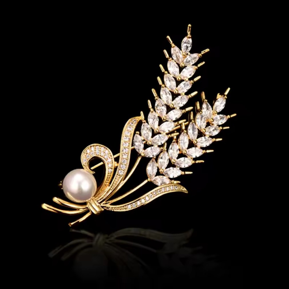 Glitzernde Weizen-Brosche Gold mit Kunstperlen und Strass