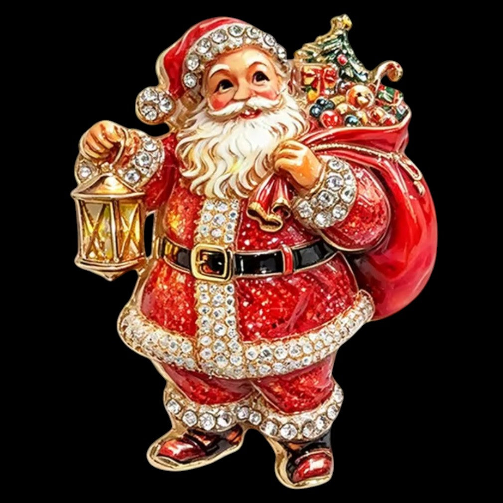 Weihnachtsbrosche Weihnachtsmann mit Laterne – schwarzer Hintergrund