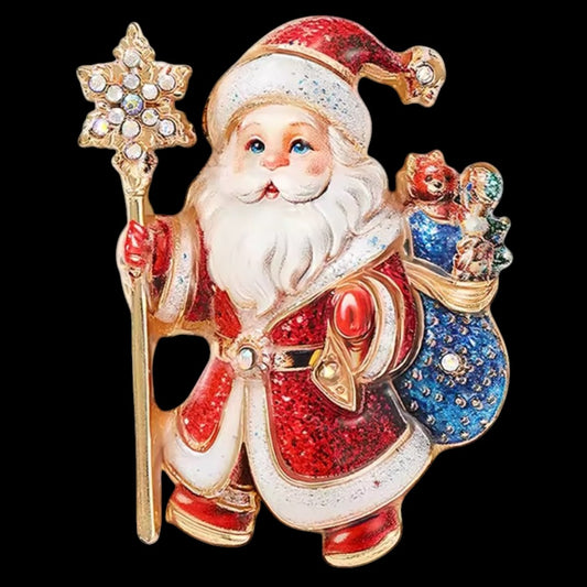 Weihnachtsmann Brosche – Glitzer & Strass mit Schneeflocken-Stab