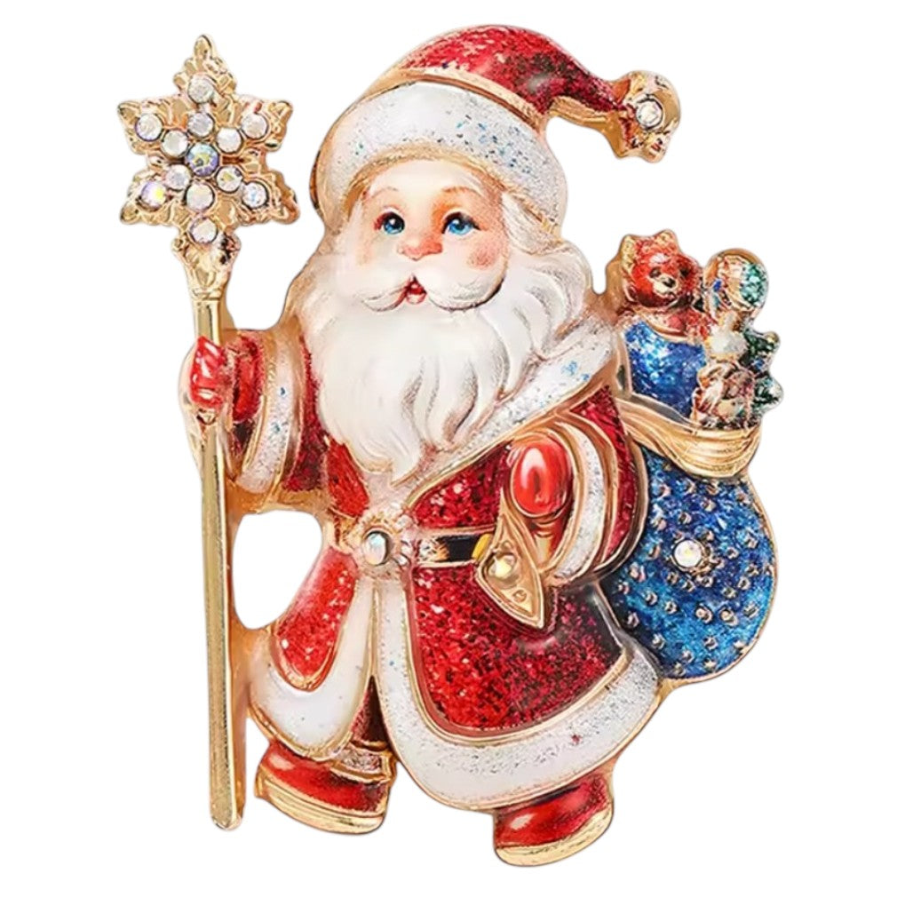 Weihnachtsmann Brosche – Glitzer & Strass mit Schneeflocken-Stab