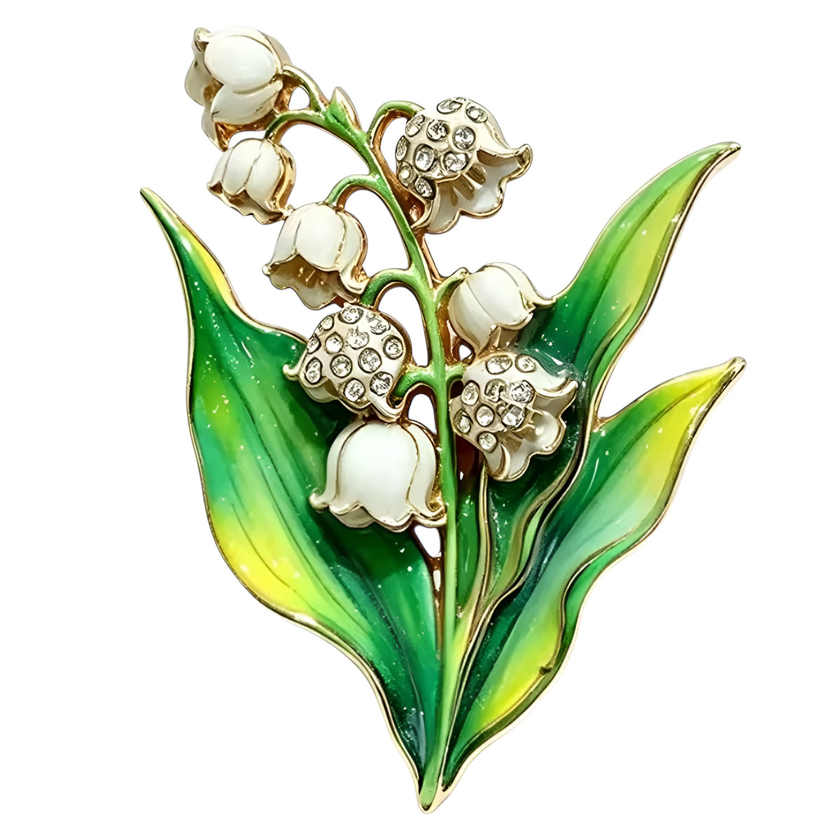 Maiglöckchen-Brosche mit weißen Blüten und Schmucksteinen