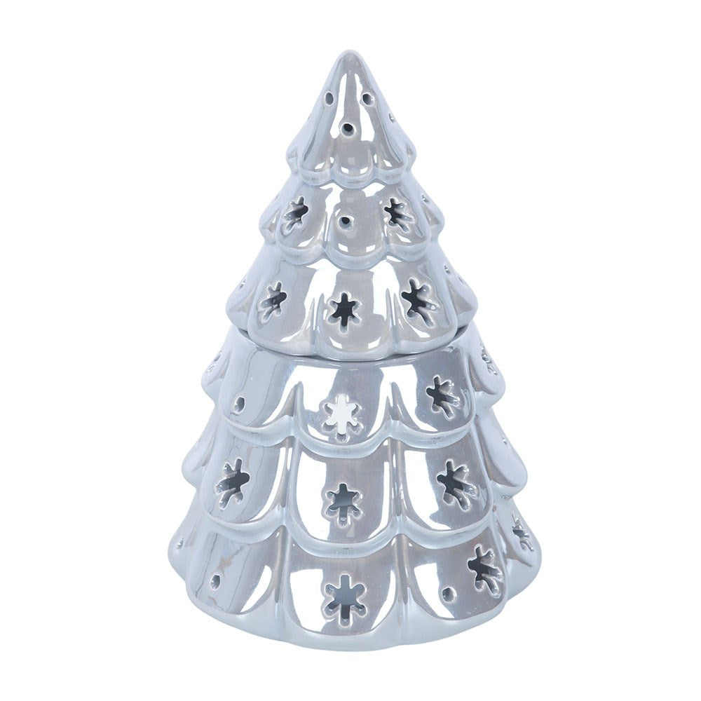 Weihnachtsbaum Duftlampe Silber – Frontansicht geschlossen, Perlmutt-Silberglanz auf weißem Hintergrund