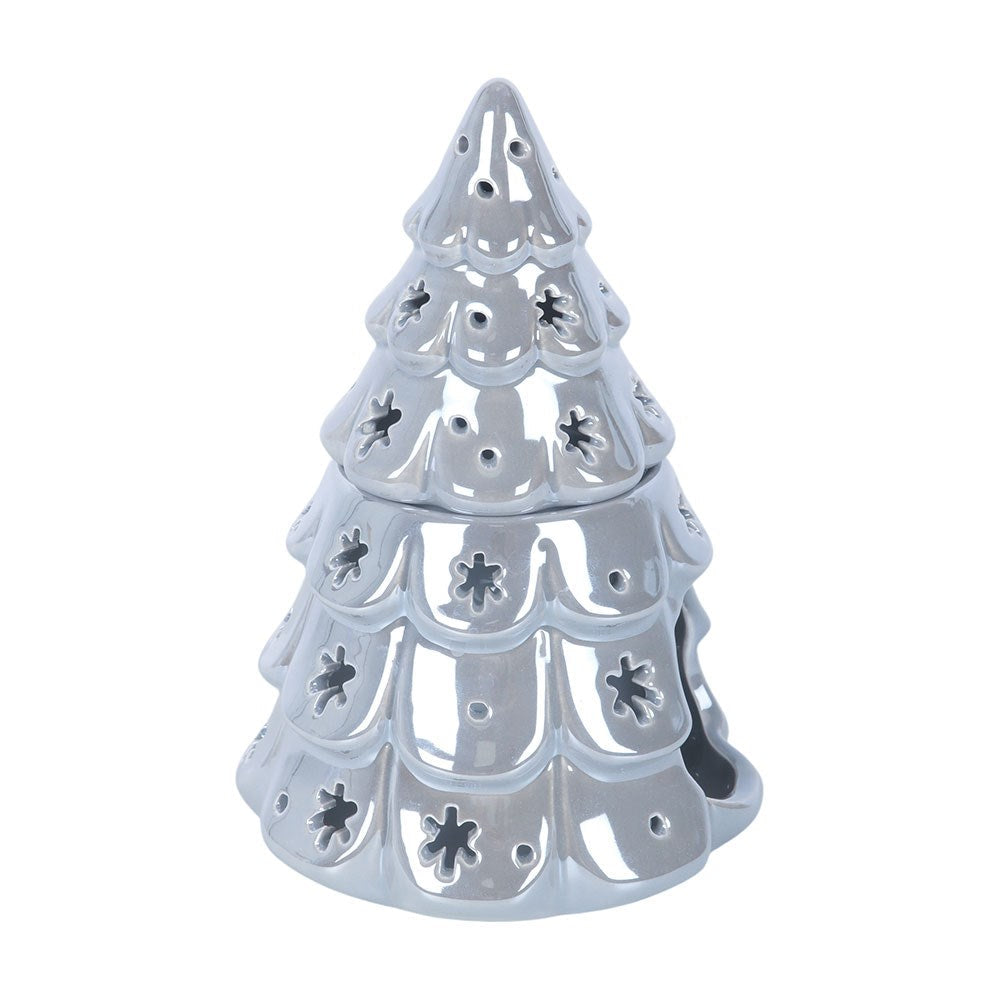 Weihnachtsbaum Duftlampe Silber – Seitenansicht geschlossen, Schneeflocken-Ausschnitte sichtbar