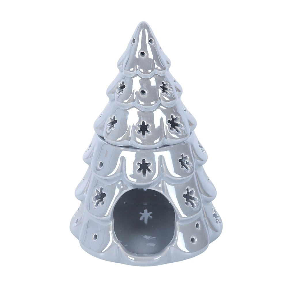 Weihnachtsbaum Duftlampe Silber – Frontansicht mit Rundbogen-Öffnung für Teelicht