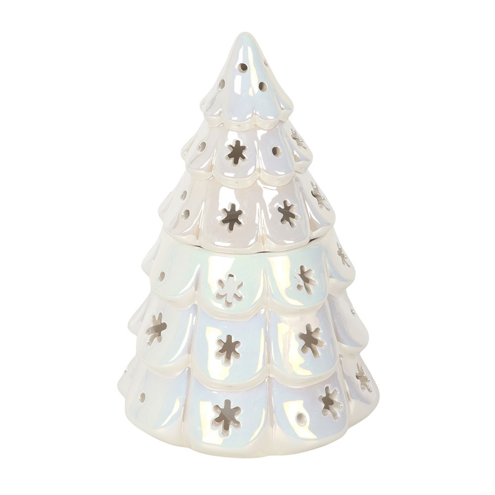 Weihnachtsbaum Duftlampe Perlmutt Weiß – Deckel abgenommen, Unterseite Teelichthalter mit Rundbogen-Öffnung