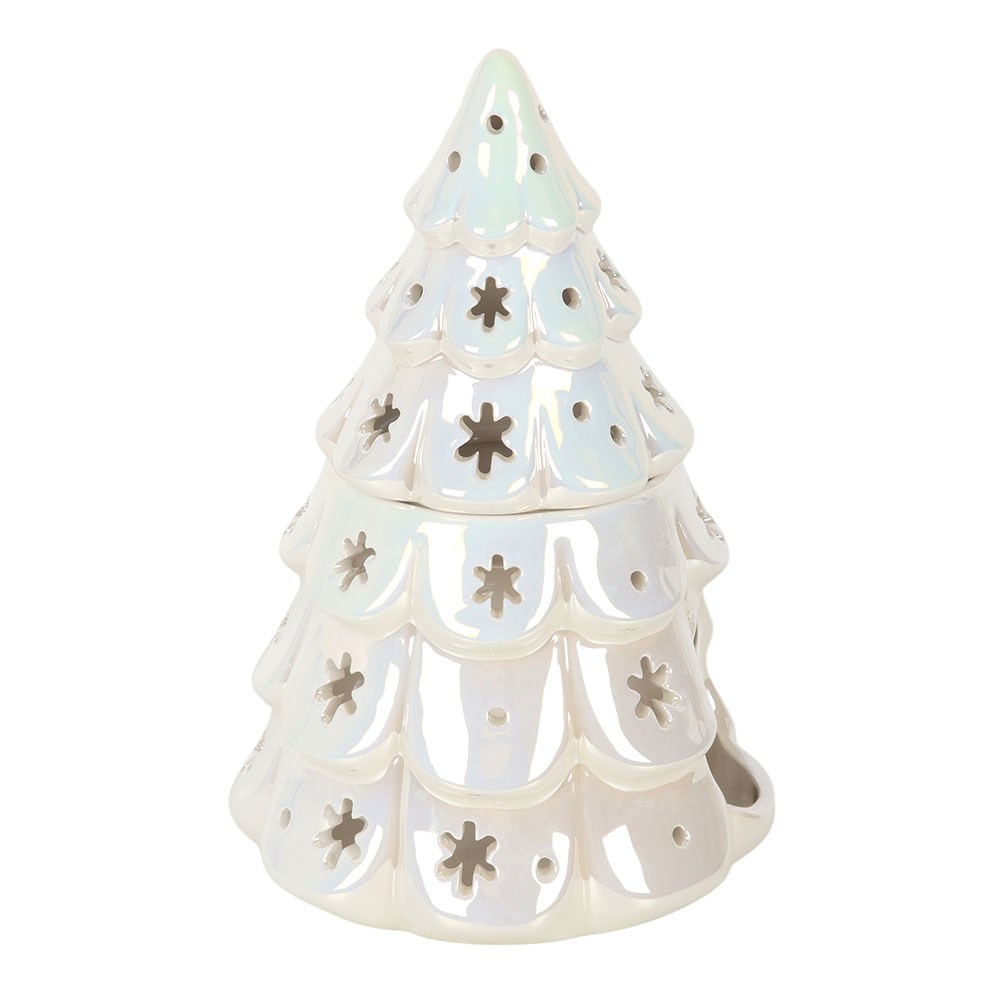 Weihnachtsbaum Duftlampe Perlmutt Weiß – Frontansicht mit Rundbogen-Öffnung für Teelicht