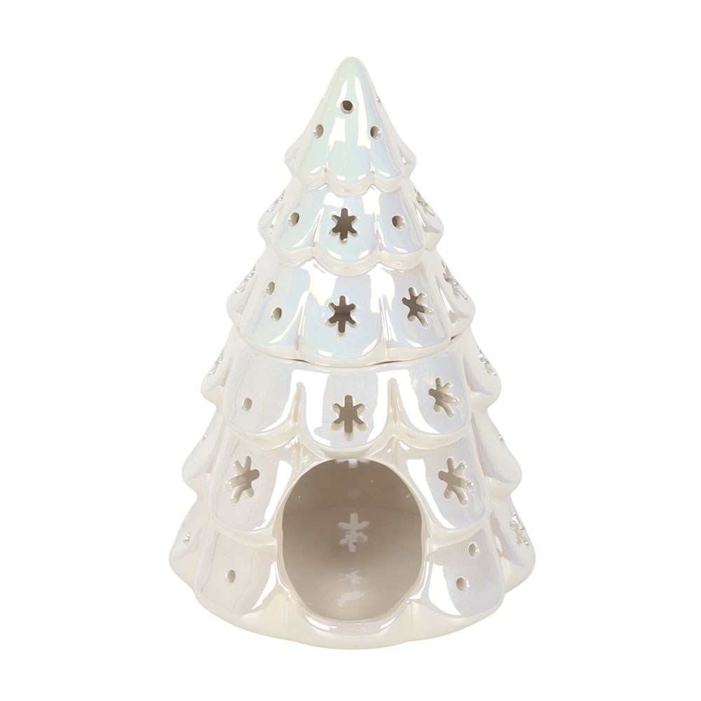 Weihnachtsbaum Duftlampe Perlmutt Weiß – Lifestyle mit ätherischem Öl und Winterzweigen auf Marmortablett
