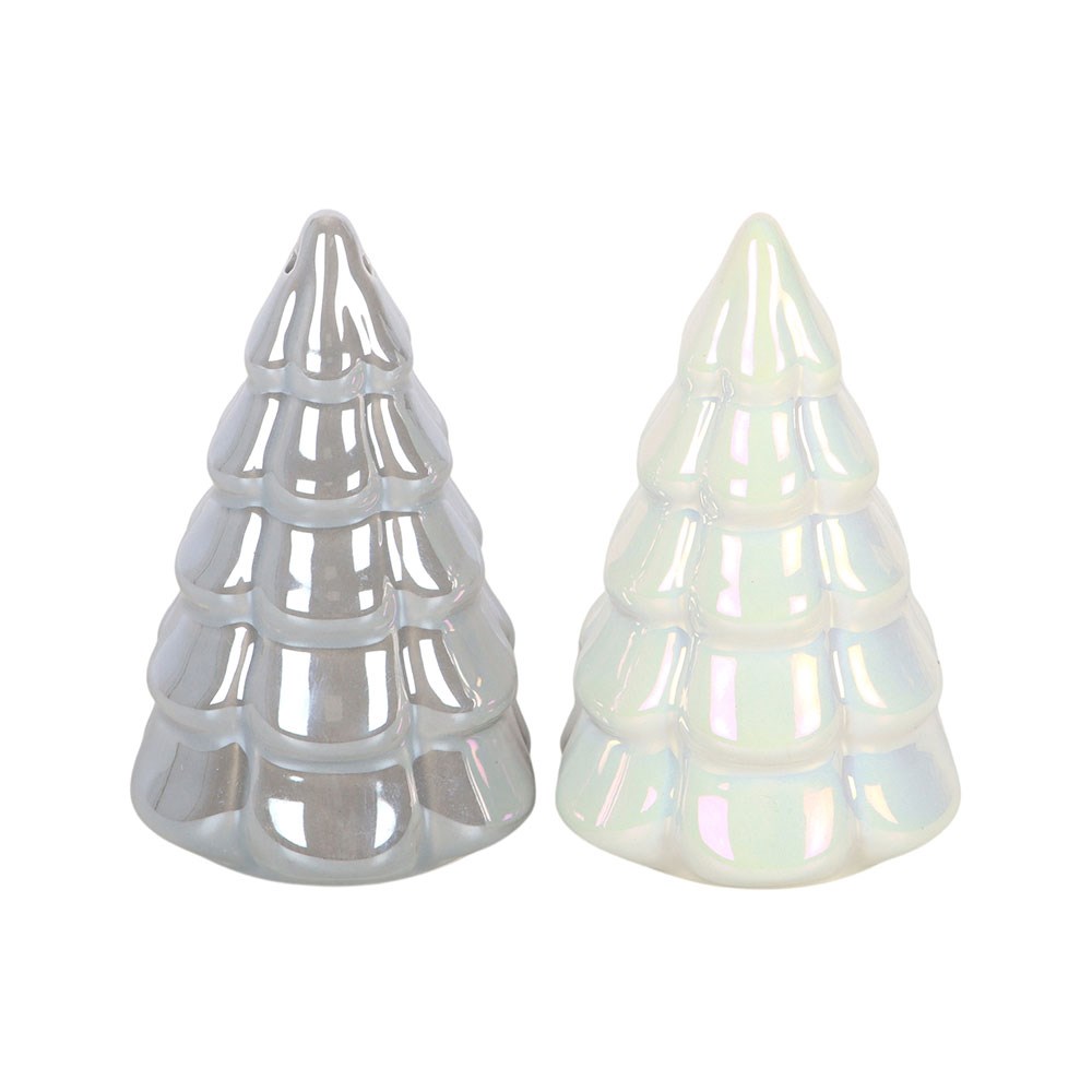 Weihnachtsbaum Keramik 2er-Set – Rückansicht Grau & Weiß mit Irisierglanz
