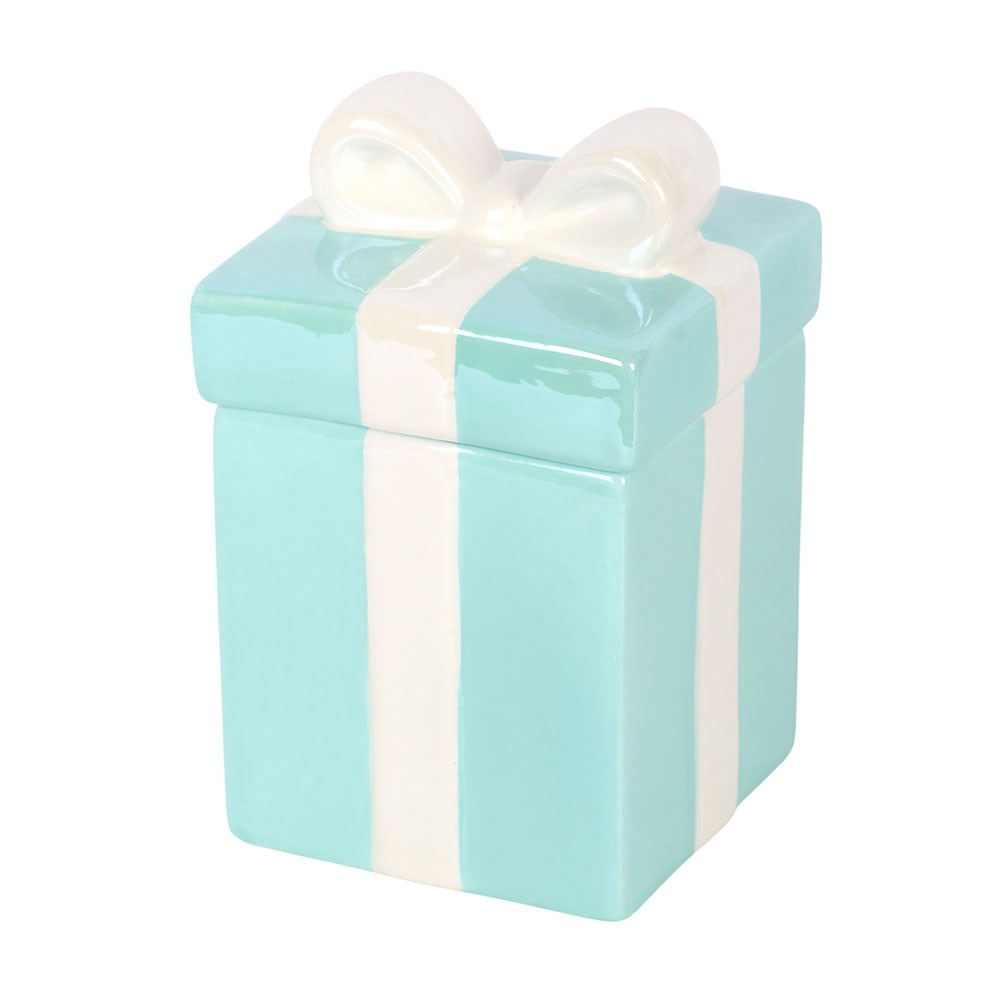 Tiffany Blue Gift Box Keramik – Frontansicht geschlossen mit weißer Schleife