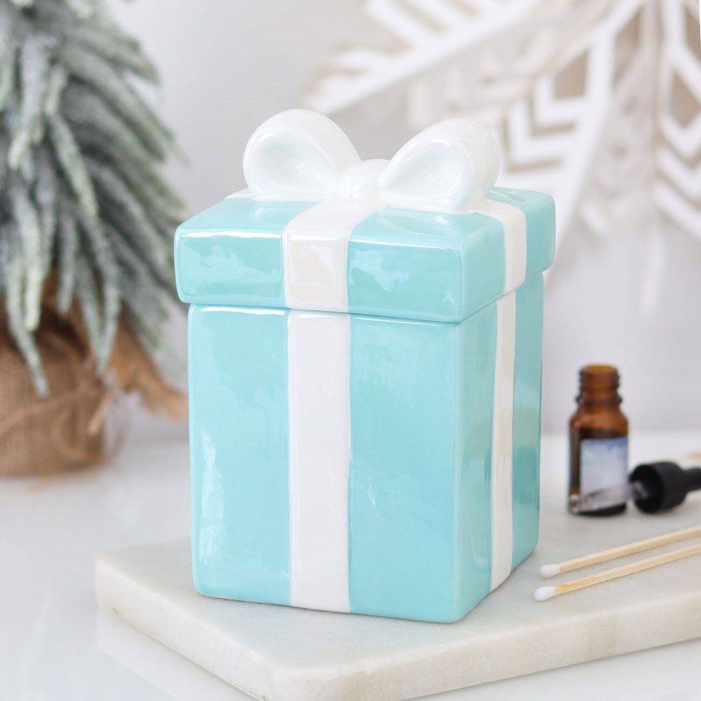 Tiffany Blue Gift Box Duftlampe – Lifestyle Winterdeko mit Tannenzweig