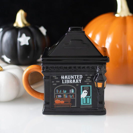 "Haunted Library" Süße Keramik Tasse mit Deckel Geister Becher Bibliothek