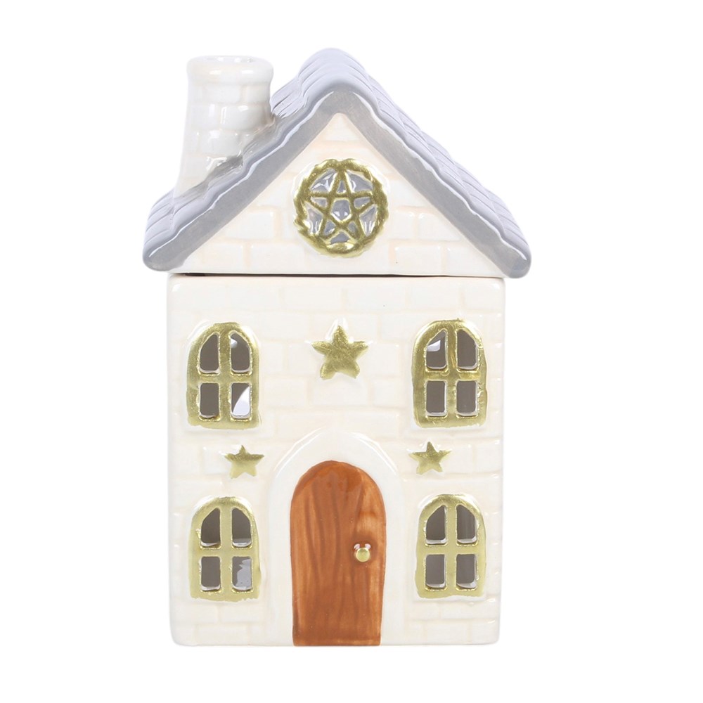 Vintage Haus aus Keramik Duftlampe in creme-gold Sterne Weihnachten