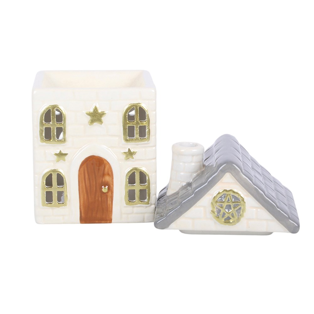 Vintage Haus aus Keramik Duftlampe in creme-gold Sterne Weihnachten