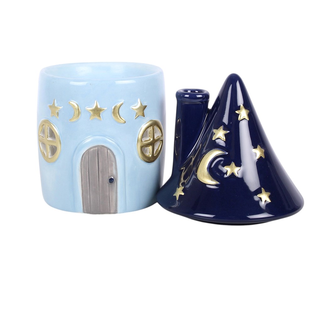 Vintage Celestial Cottage Keramik Duftlampe Ölbrenner blau-gold witchy