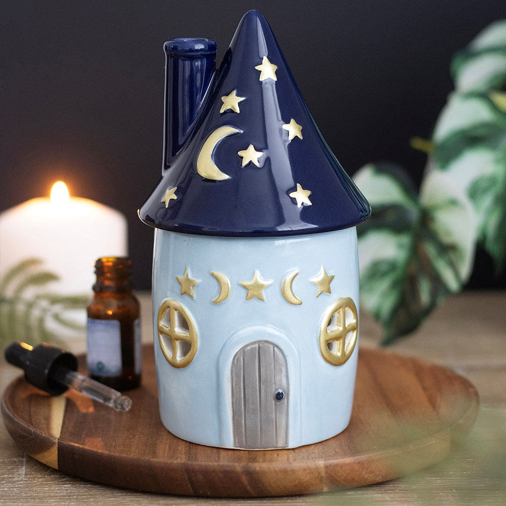 Vintage Celestial Cottage Keramik Duftlampe Ölbrenner blau-gold witchy
