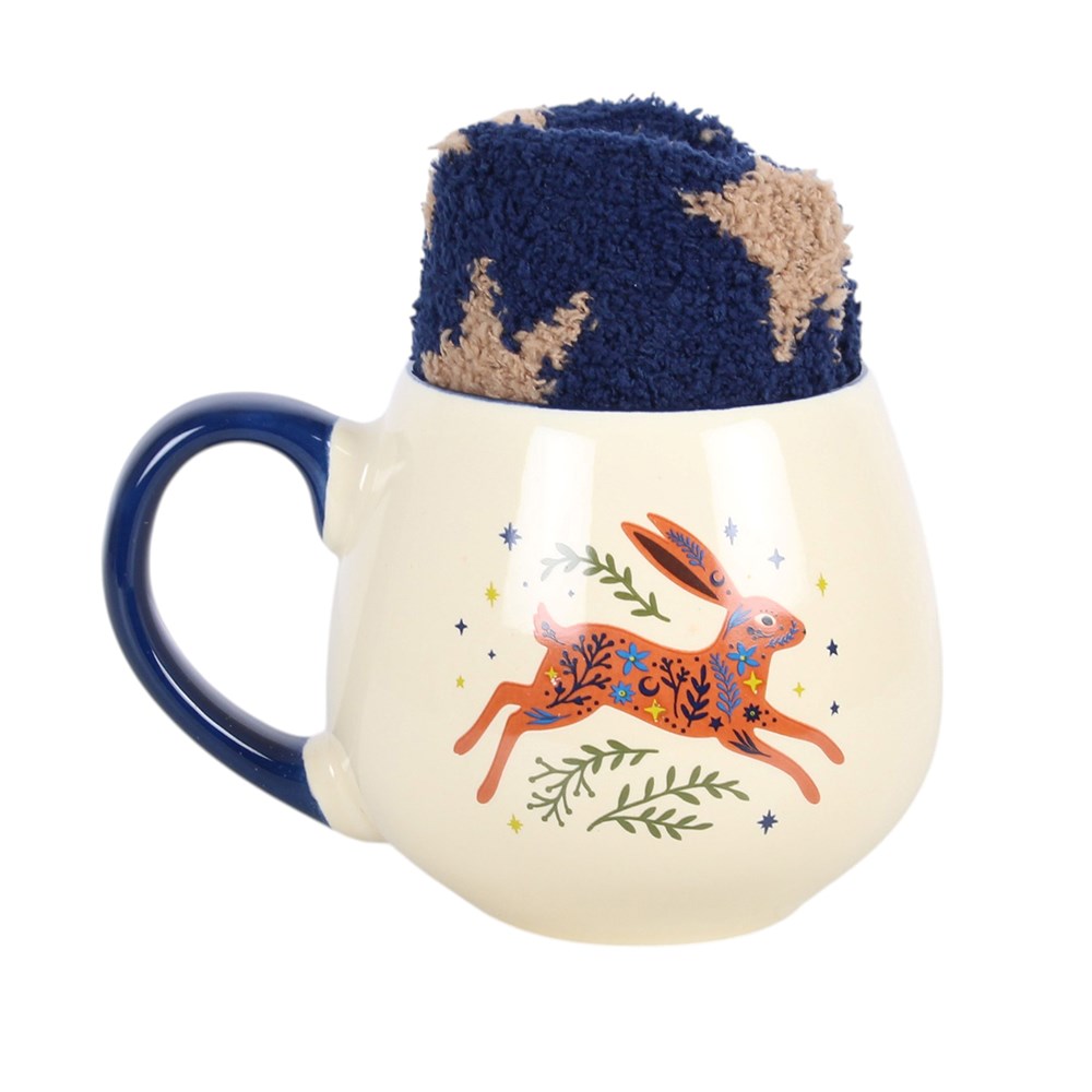 Leaping Hare Tasse & Socken Set – weißer Hintergrund mit Socken