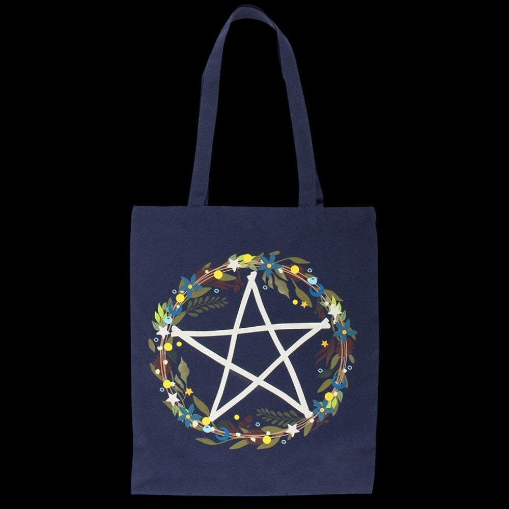 Solstice Wreath Pentagramm Tote Bag – Vorderseite schwarzer Hintergrund