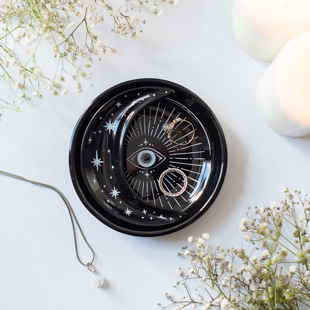Gothic Keramikschale Mond & Auge – Draufsicht mit Schmuck
