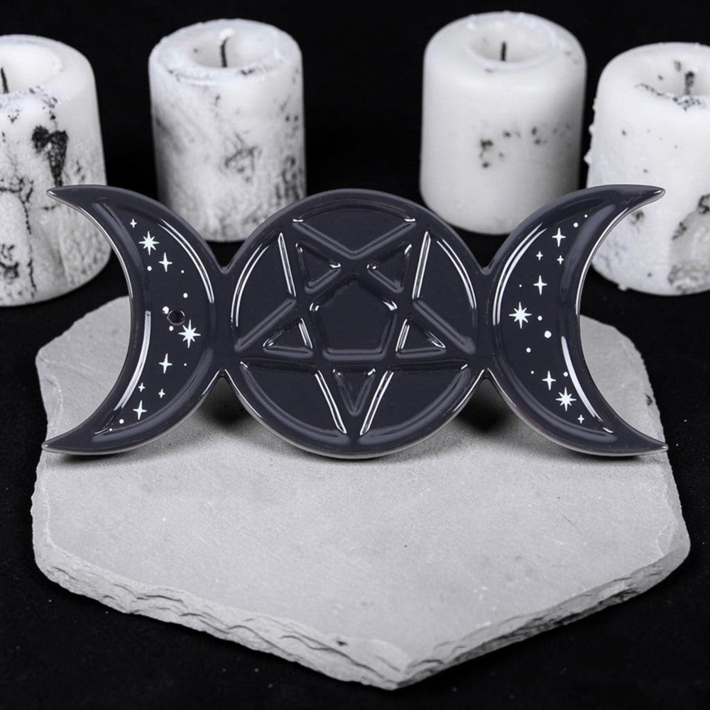 Gothic Räucherstäbchenhalter Triple Moon in schwarz Keramik