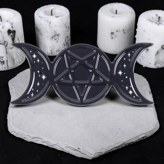 Gothic Räucherstäbchenhalter Triple Moon in schwarz Keramik