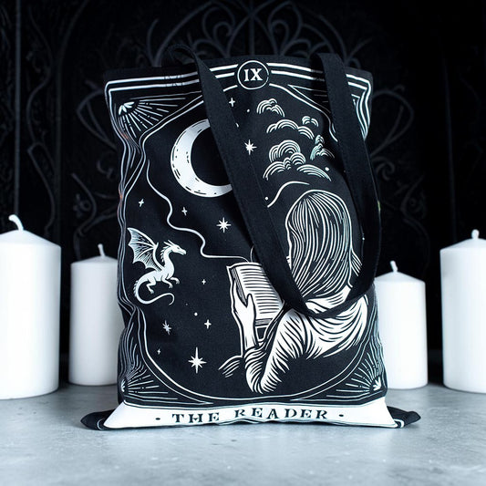 Witchy Tarot Stofftasche The Reader" Gothic Tote Bag Schwarz/Weiß