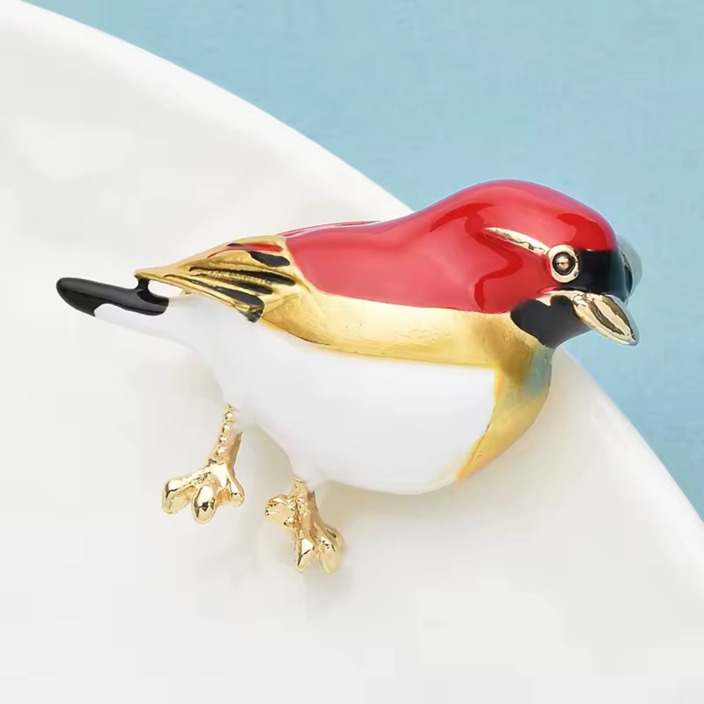 Vogel-Brosche im Vintage-Stil in Rot und Weiß