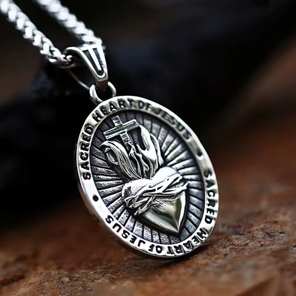 Ovale Halskette mit Anhänger vintage "Sacred Heart of Jesus"