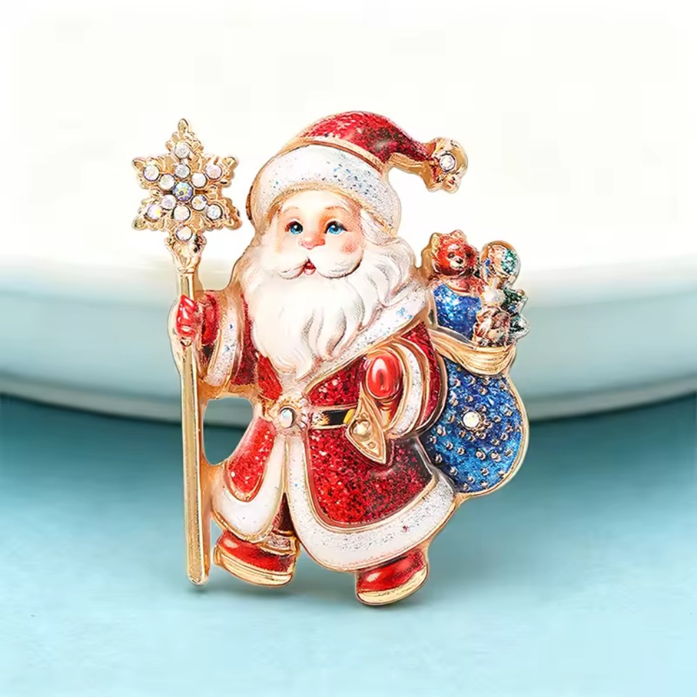 Weihnachtsmann Brosche Glitzer Strass Vorderansicht