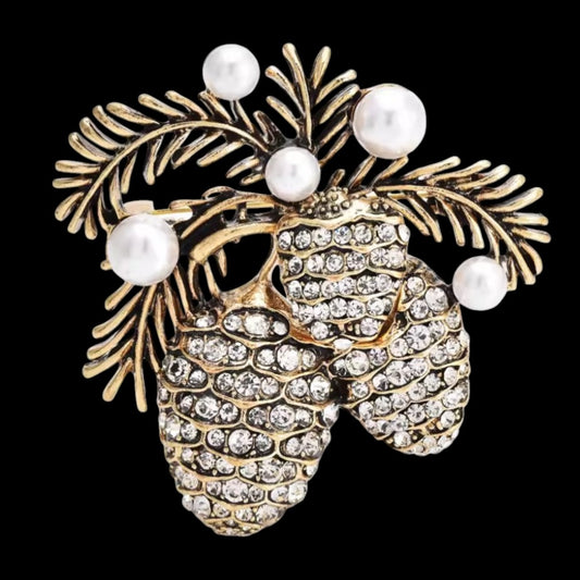 Tannenzapfen Pinienkerne -Brosche mit Kunstperlen und Strass