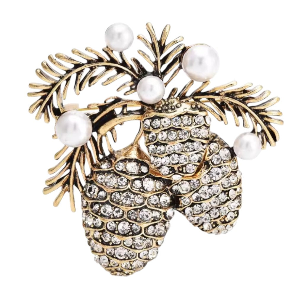 Tannenzapfen Pinienkerne -Brosche mit Kunstperlen und Strass