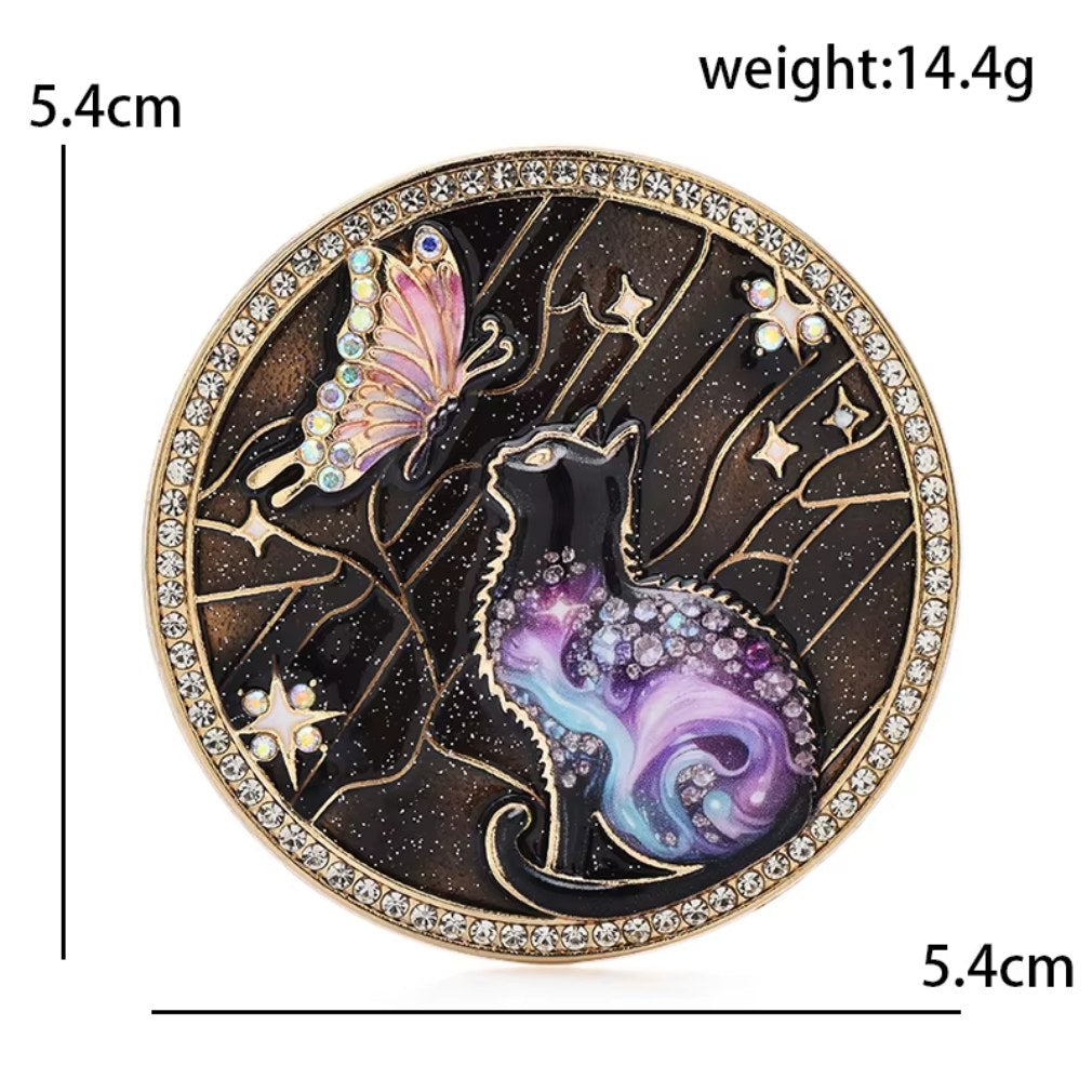 Vintage Katzen Brosche Galaxie & Pink – Emaille, Strass & Schmetterling
