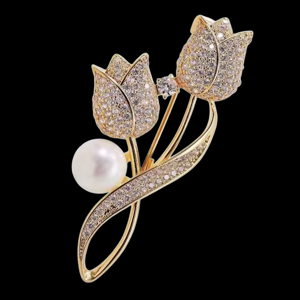 Nostalgische Brosche Tulpe mit Kunstperle und Strass