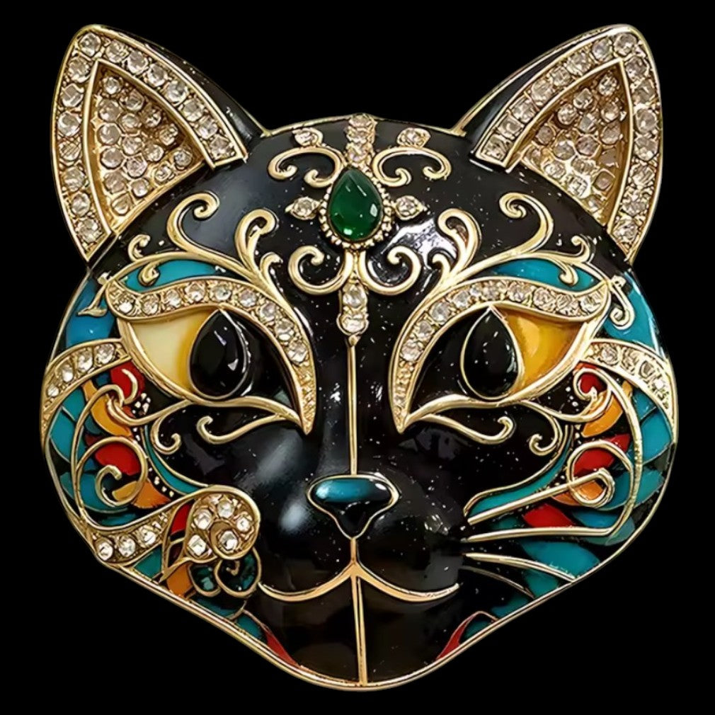 Vintage Gothic Masken-Brosche Schwarze Katze – schwarzer Hintergrund