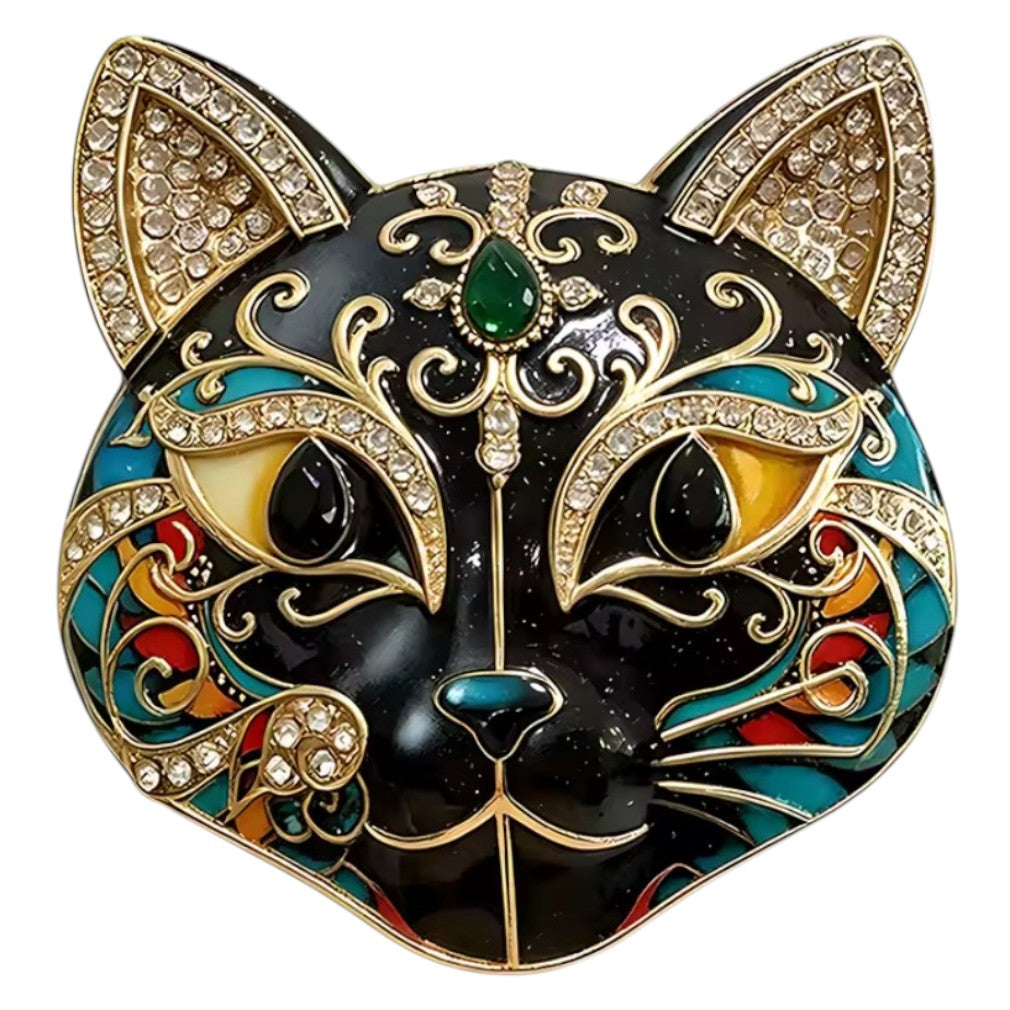 Vintage Gothic Masken-Brosche Schwarze Katze – weißer Hintergrund
