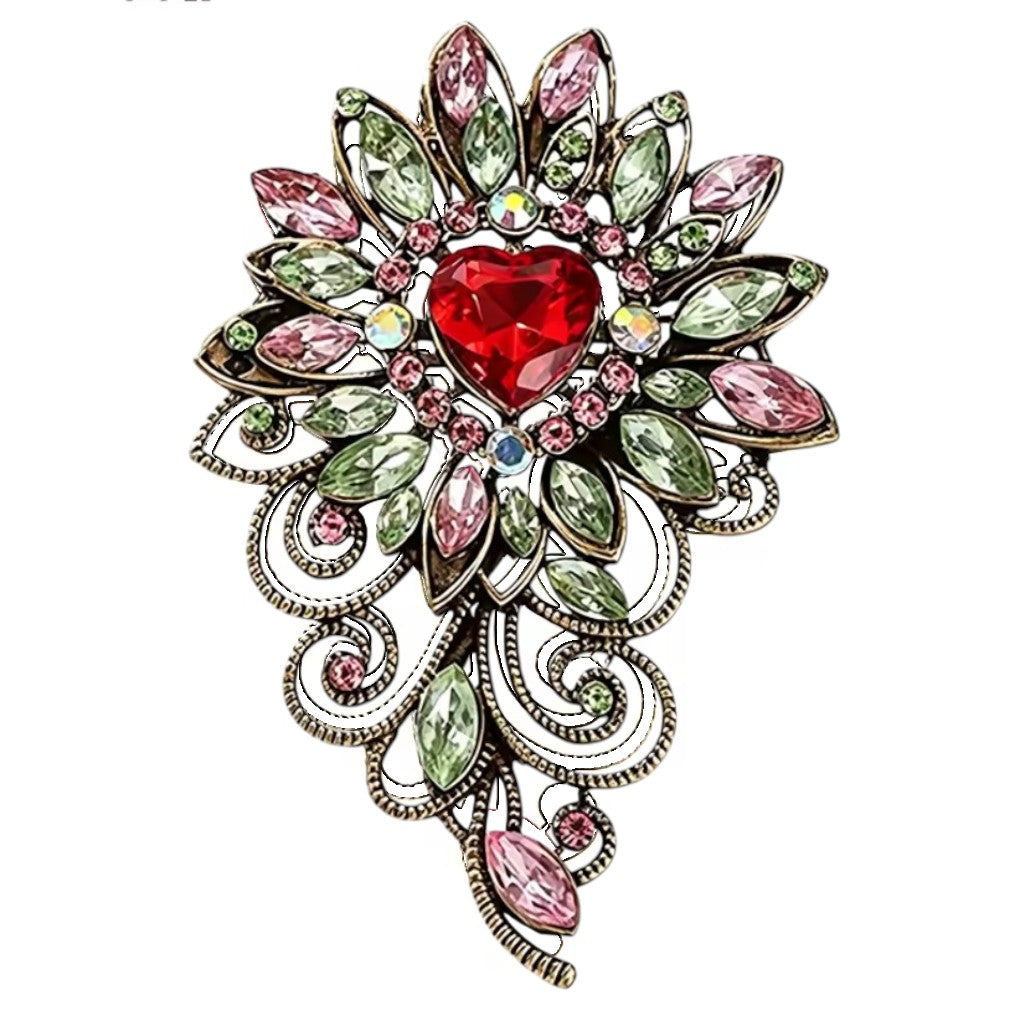 Vintage Blumenbrosche mit rotem Herz-Kristall – Frontansicht weißer Hintergrund 2