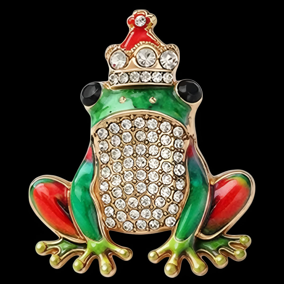 Märchenhafte Froschkönig-Brosche mit Krone und Schmucksteinen