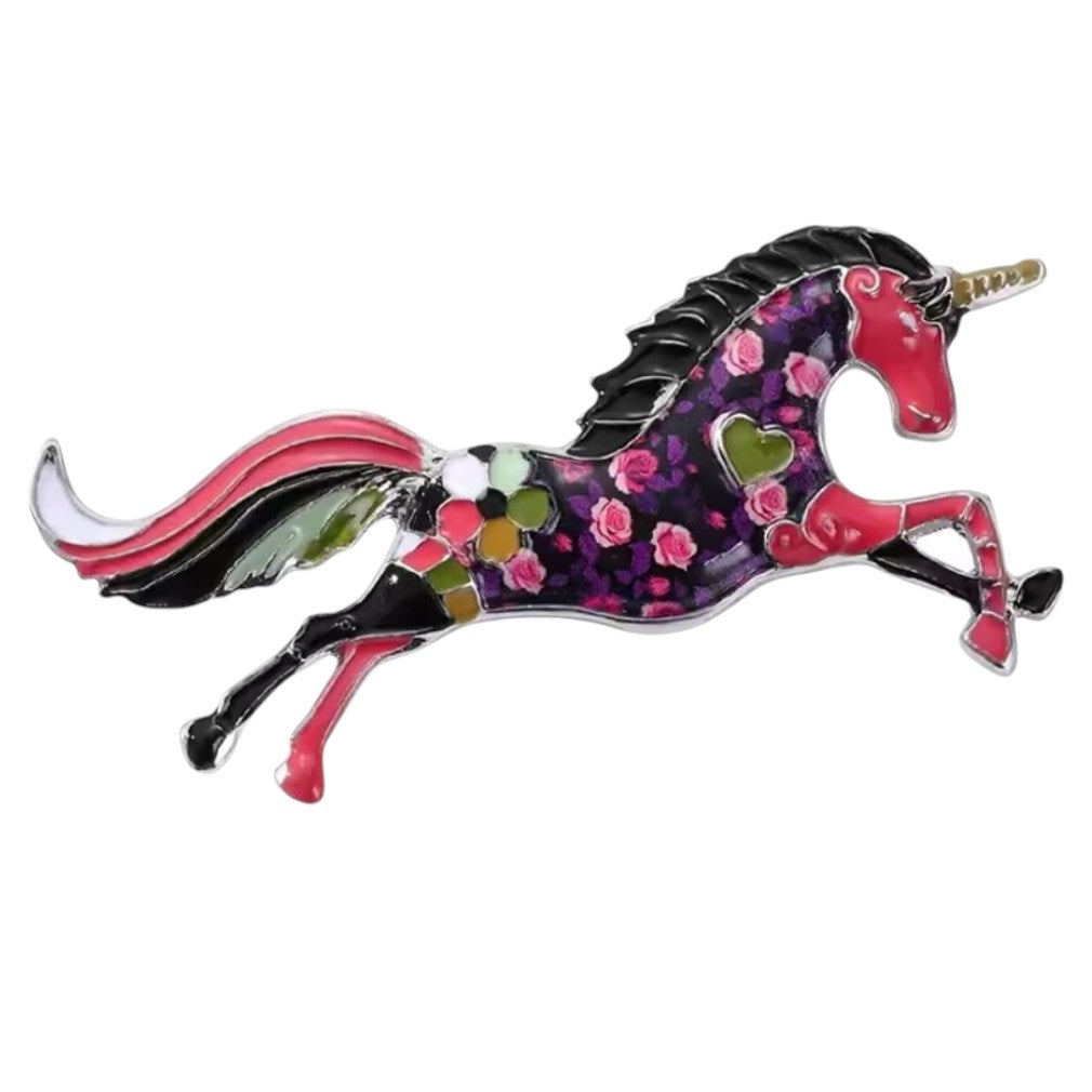 Einhorn-Brosche mit Rosenmotiv in Pink und Schwarz