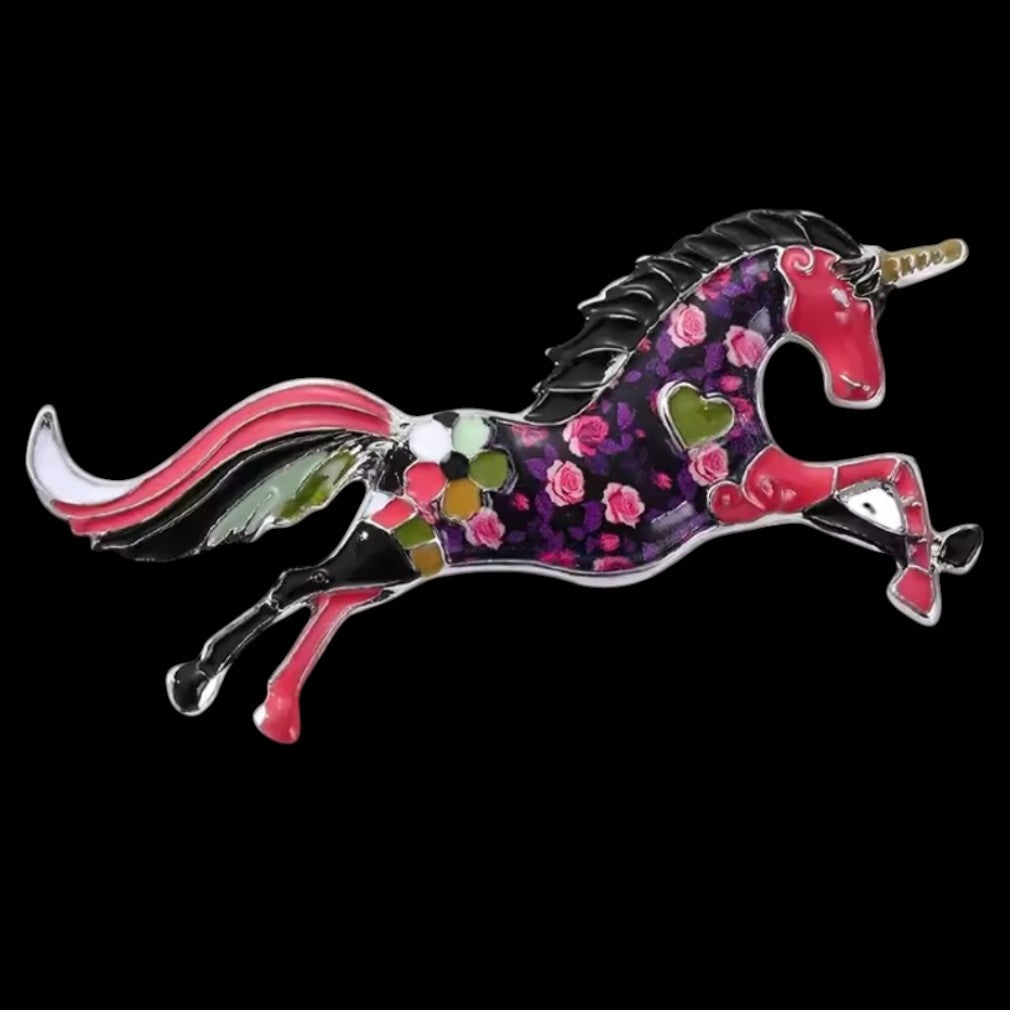 Einhorn-Brosche mit Rosenmotiv in Pink und Schwarz