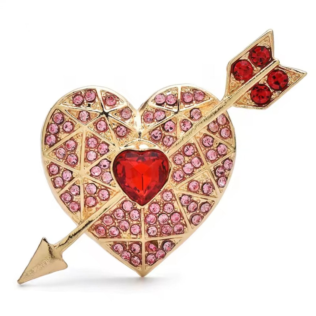 Romantische vintage Herz-Brosche mit Pfeil – Kristall & Strass