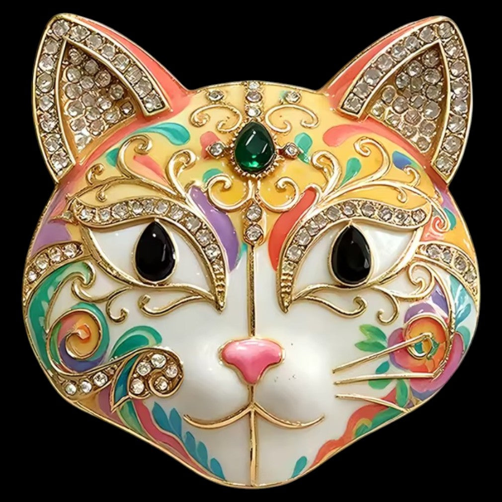 Vintage Masken-Brosche Katze Emaille & Strass – schwarzer Hintergrund