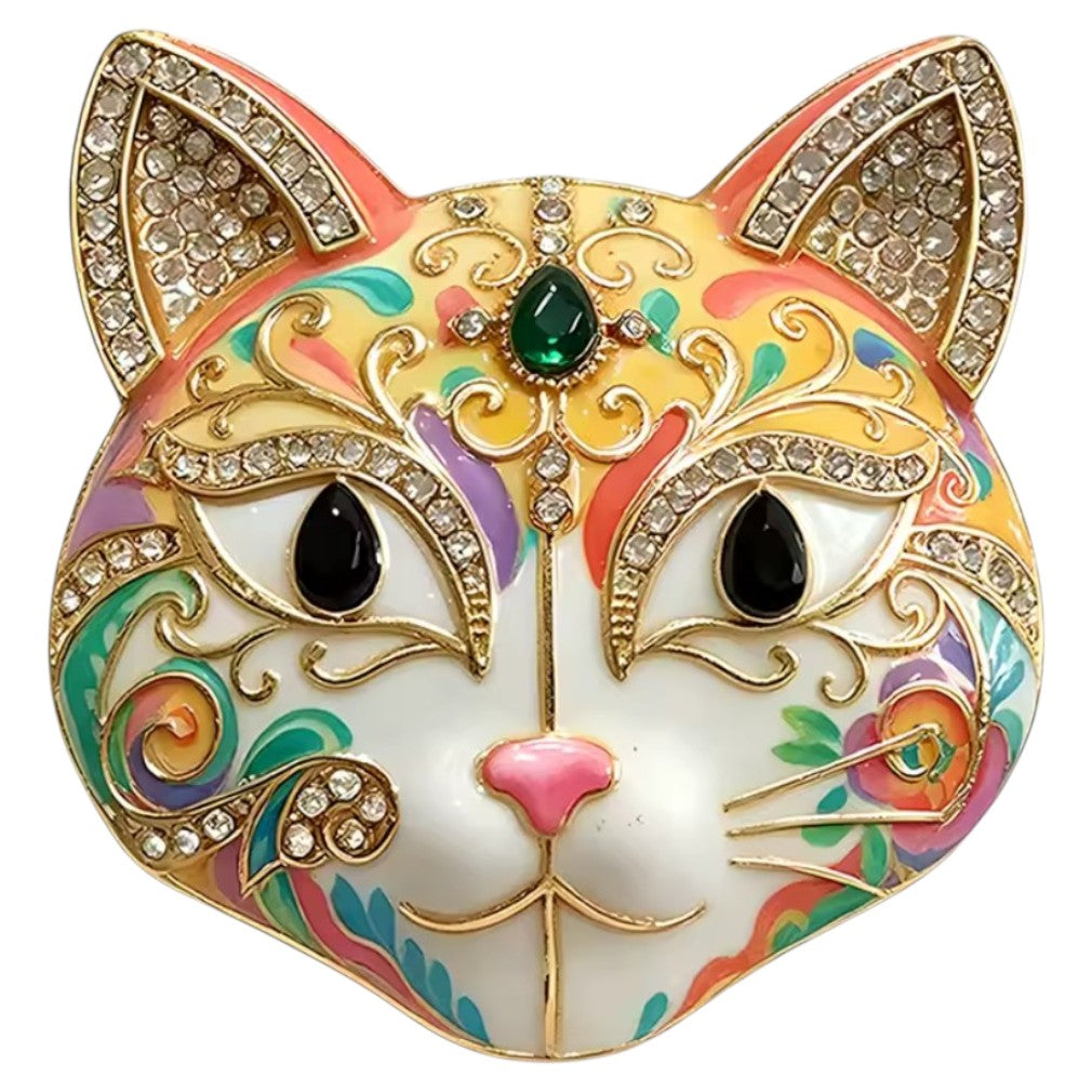 Vintage Masken-Brosche Katze Emaille & Strass – weißer Hintergrund