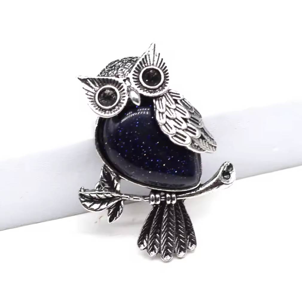 Elegante glitzer Eulen Brosche Silber-dunkelblau vintage Look